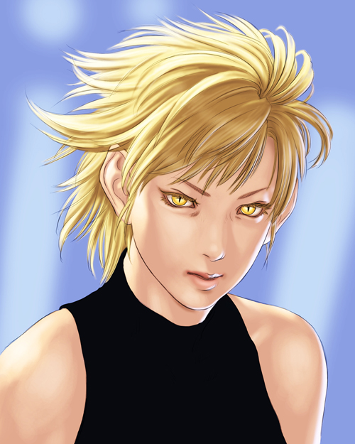 1girl, backlighting, bare_shoulders, blonde_hair, bloody_roar, haji_(haj06200), jeanne_gado, lips