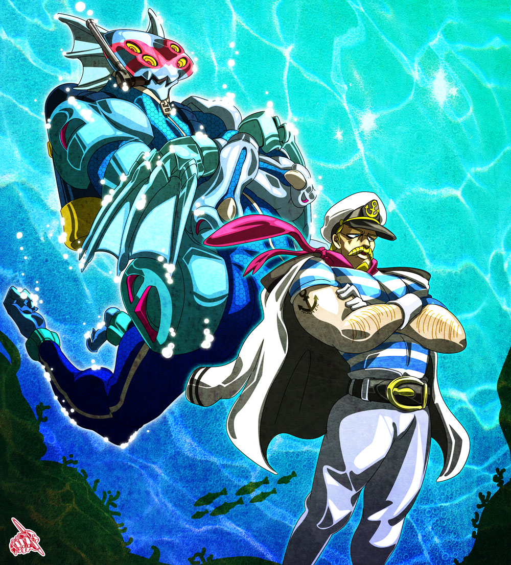 2boys, beard, blonde_hair, cape, captain_tennille, dark_blue_moon, facial_hair, hat