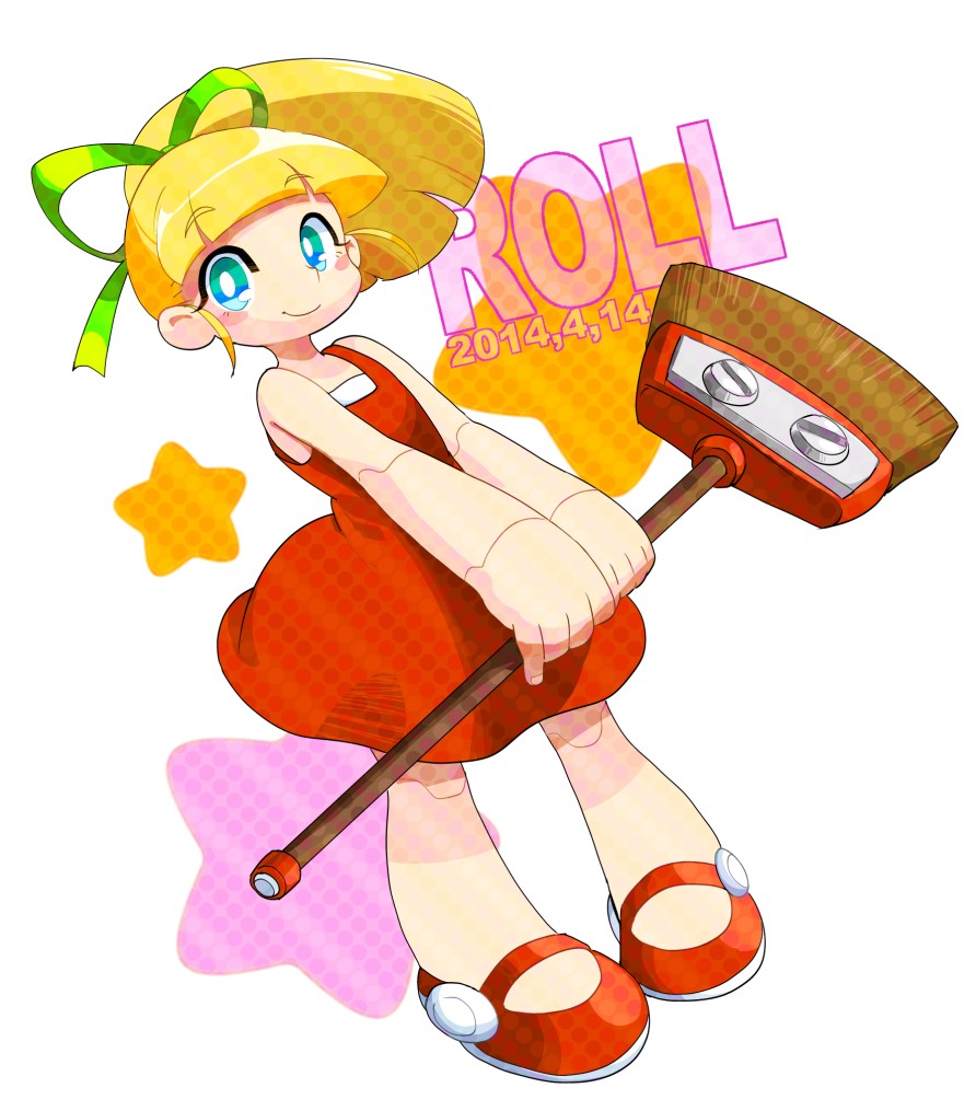 1girl, android, blonde_hair, blush_stickers, broom, character_name, dated, dress
