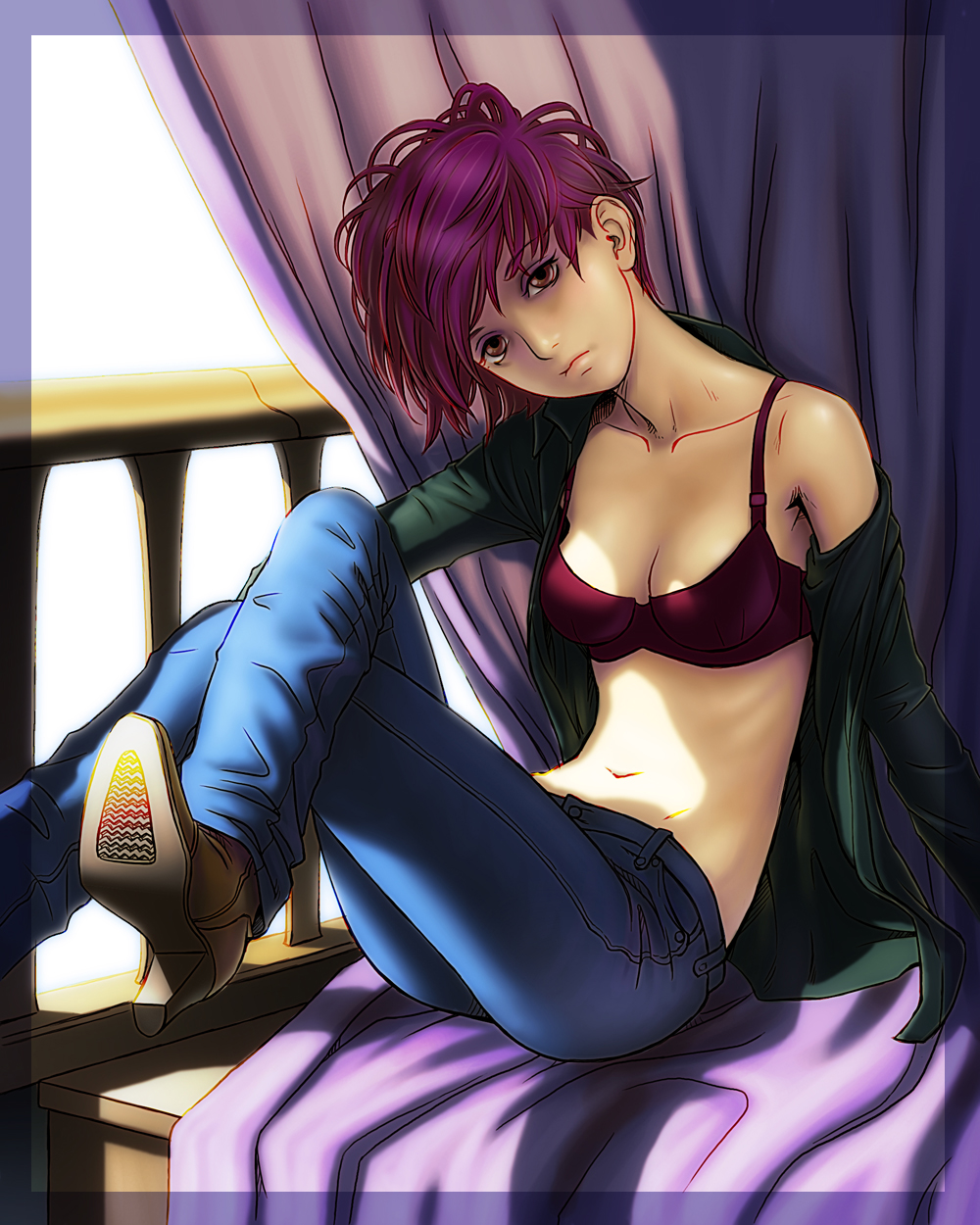 1girl, boots, bra, breasts, brown_eyes, cleavage, crossed_legs, curtains