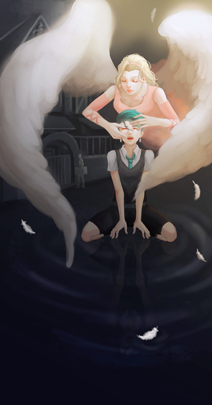 1boy, 1girl, angel, aqua_hair, blonde_hair, crying, dress, haruka4413