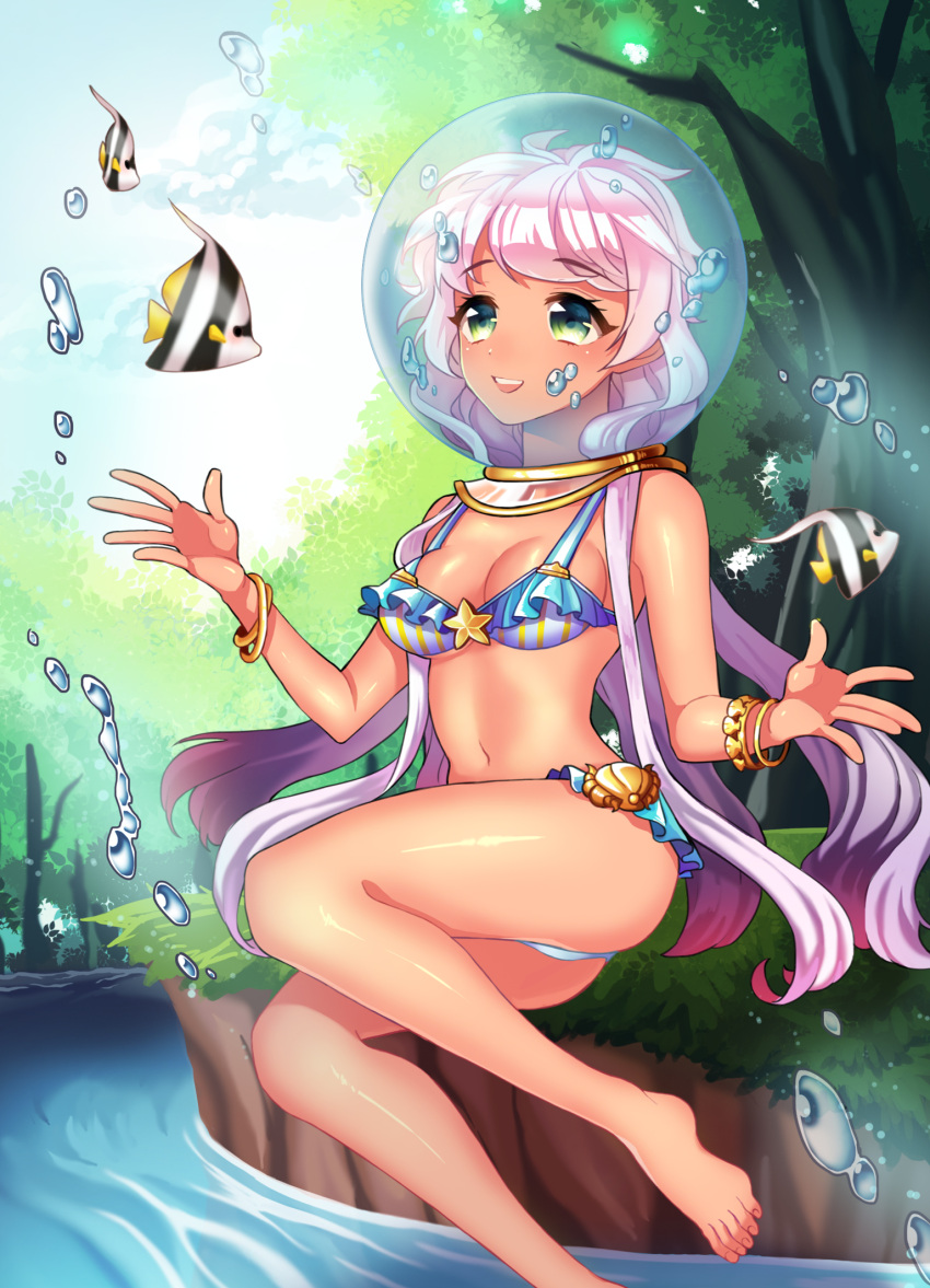 1girl, angelfish, barefoot, bikini, bubble, green_eyes, helmet, highres