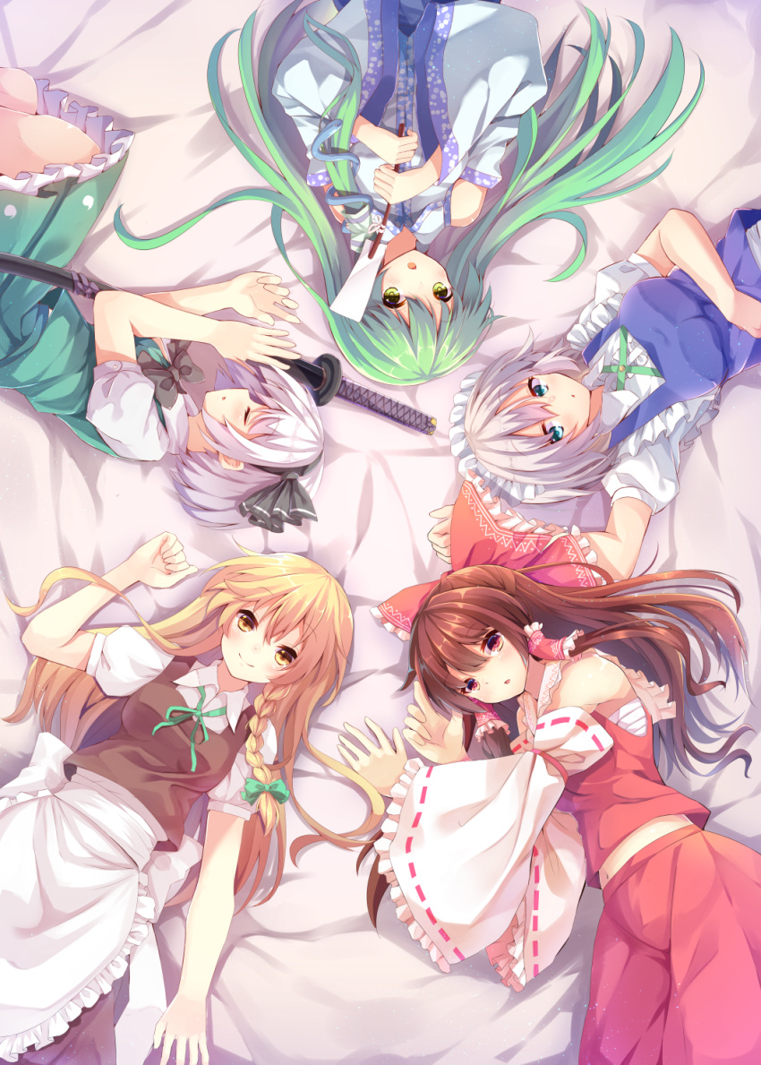 5girls, apron, aqua_eyes, blonde_hair, bow, brown_hair, clenched_hand, closed_eyes