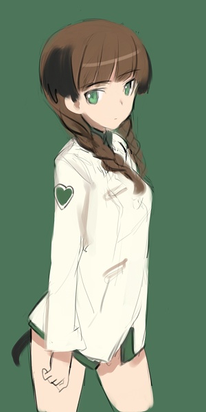 1girl, animal_ears, bottomless, braid, brown_hair, cowboy_shot, green_background, green_eyes