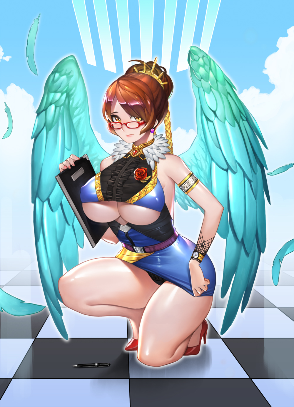 angel_wings, armlet, bare_shoulders, black_panties, bling_(wnsdud34), book, breasts, brown_hair