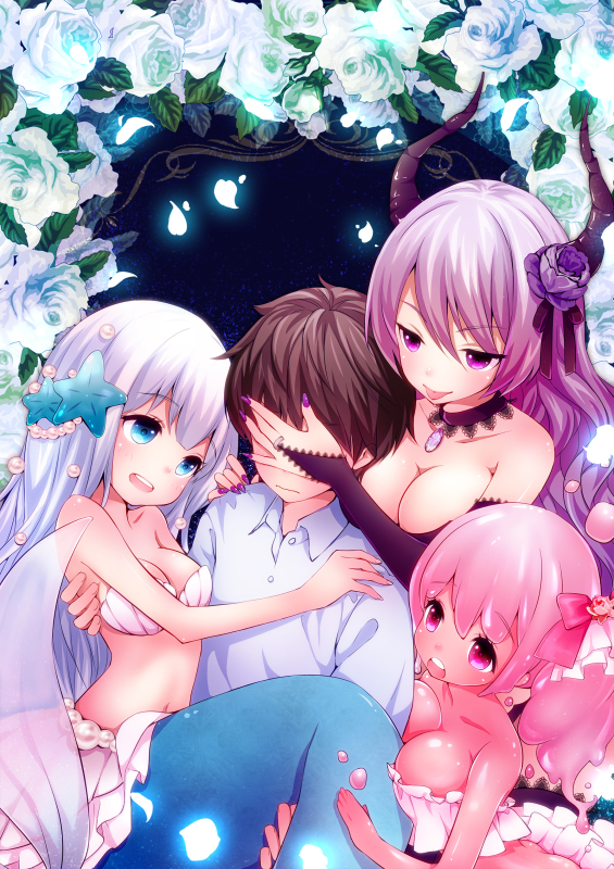 1boy, 3girls, :o, :p, bare_shoulders, bikini, blue_eyes, blue_hair