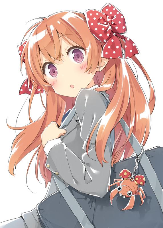 1girl, :o, bag, blush, bow, bust, cellphone_strap, chestnut_mouth