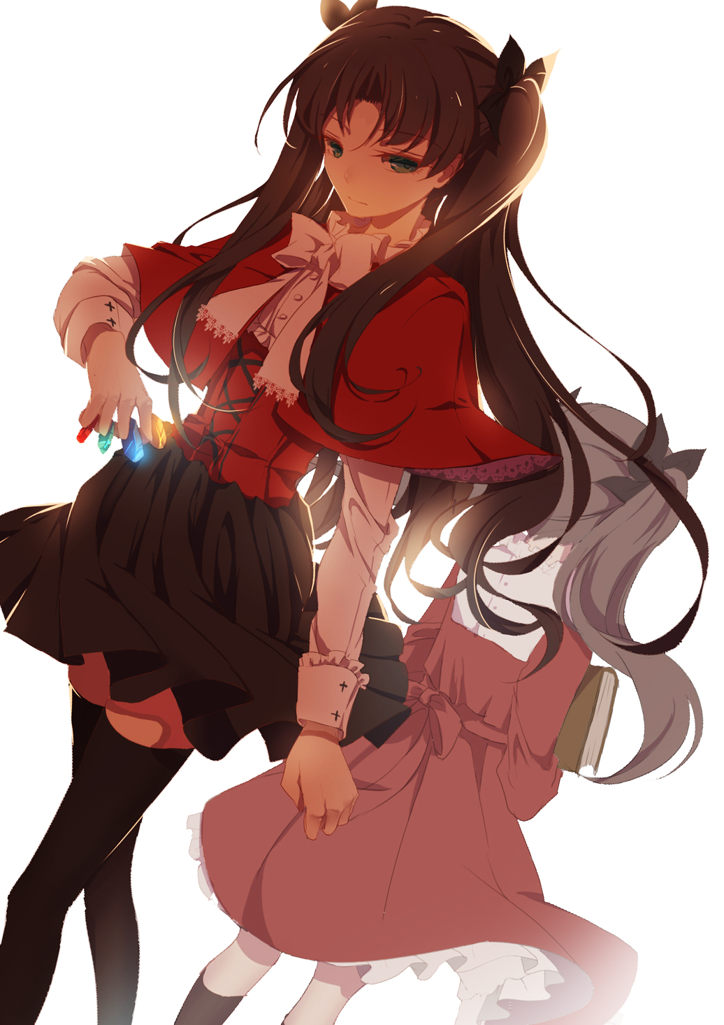 2girls, back-to-back, black_legwear, book, brown_hair, capelet, corset, far_eastern_funion