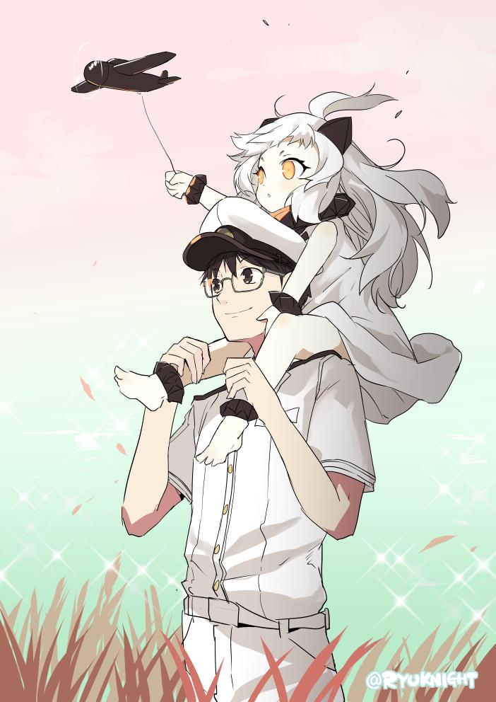1boy, 1girl, admiral_(kantai_collection), ahoge, black_hair, dress, glasses, hat