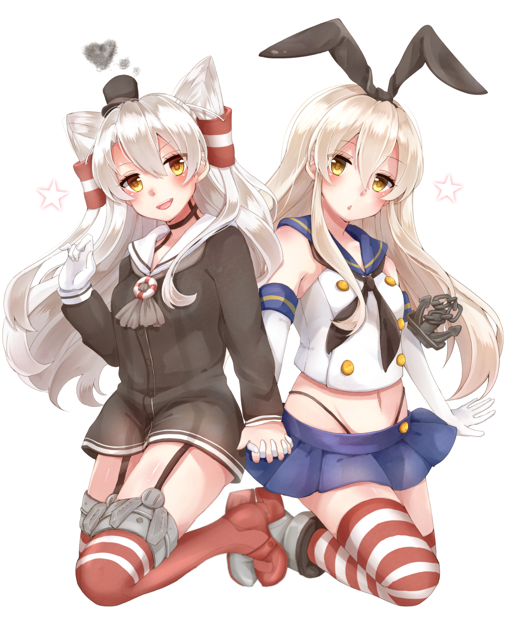 amatsukaze_(kantai_collection), blonde_hair, gloves, grey_hair, hair_ornament, hairband, hat, highres, holding_hands, kantai_collection, koji_miruku, long_hair, sailor_collar, shimakaze_(kantai_collection), smile, yellow_eyes