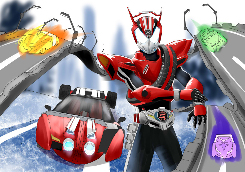 1boy, absurdres, armor, belt, car, commentary_request, highres, kamen_rider, kamen_rider_drive, kamen_rider_drive_(series), male, motor_vehicle, shift_car, solo, tridoron, vehicle