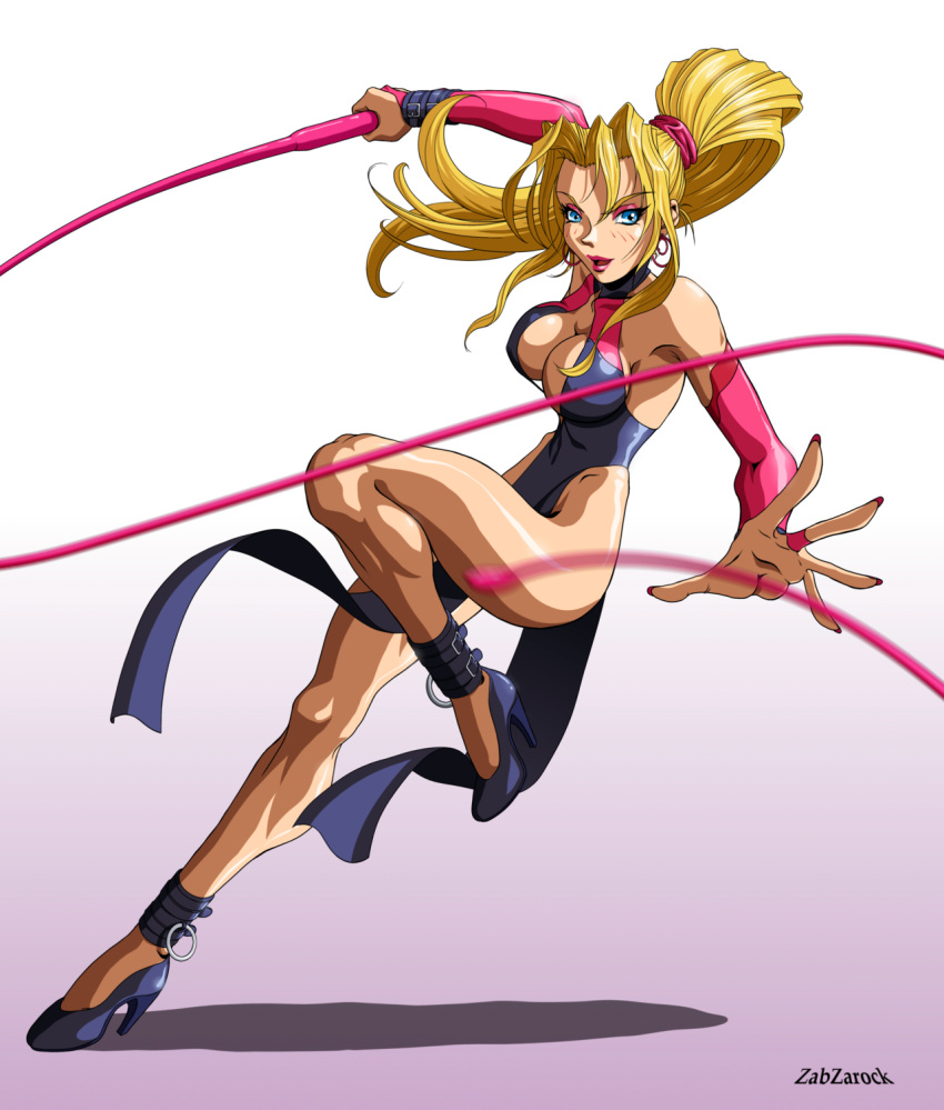 1girl, anklet, artist_name, bare_shoulders, blonde_hair, blue_eyes, breasts, bridal_gauntlets