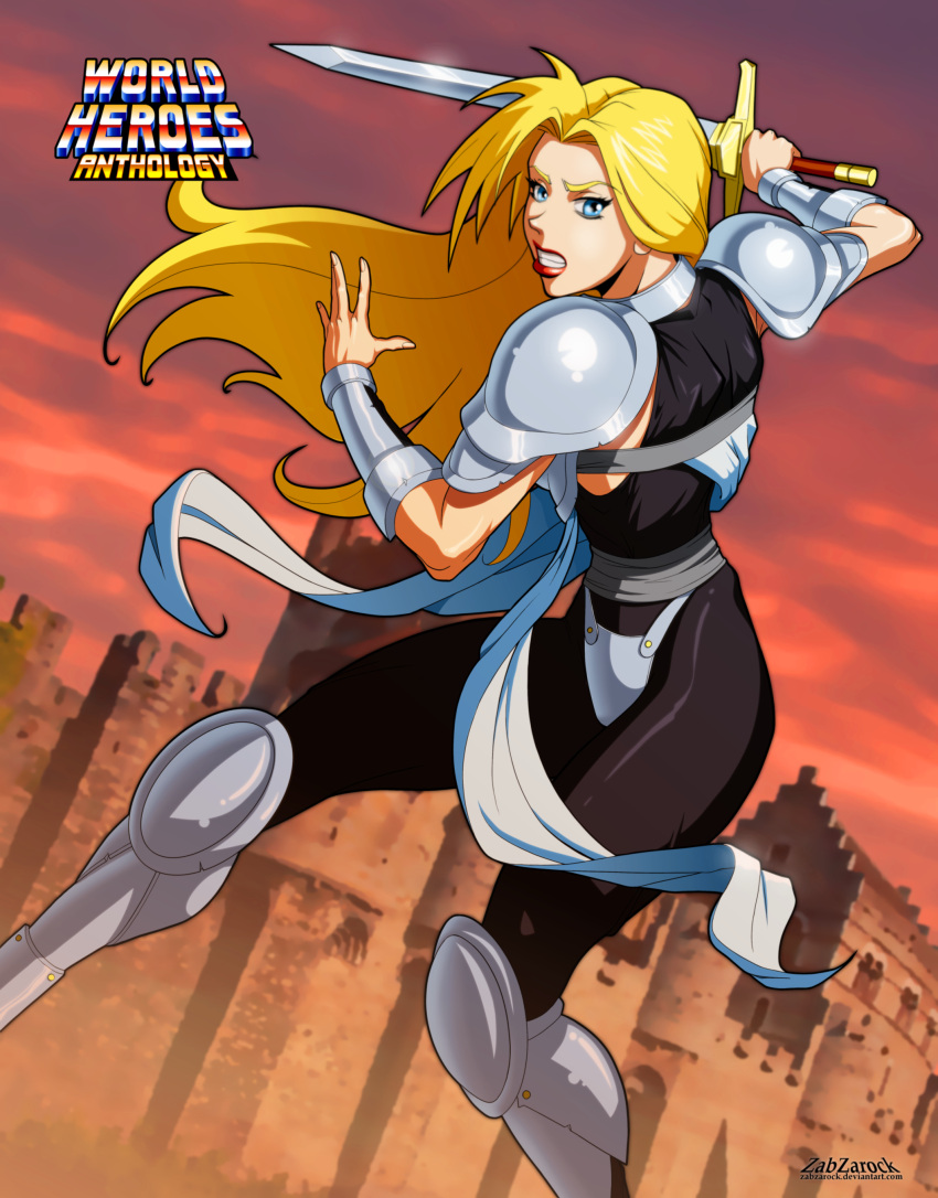 1girl, absurdres, armor, bared_teeth, blonde_hair, blue_eyes, bracer, greaves