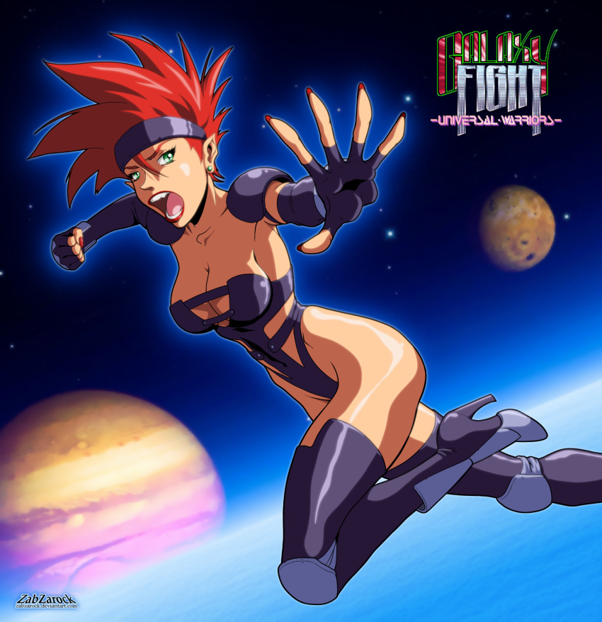 1girl, bare_shoulders, boots, breasts, cleavage, clenched_hand, ear_studs, earrings, elbow_gloves, fingerless_gloves, galaxy_fight, gloves, green_eyes, headband, high_heel_boots, high_heels, highres, incoming_punch, jewelry, juri_(galaxy_fight), knee_pads, leotard, lips, lipstick, makeup, nail_polish, open_mouth, red_nails, redhead, revealing_clothes, shoulder_pads, solo, space, thigh-highs, thigh_boots, thong_leotard, zabzarock