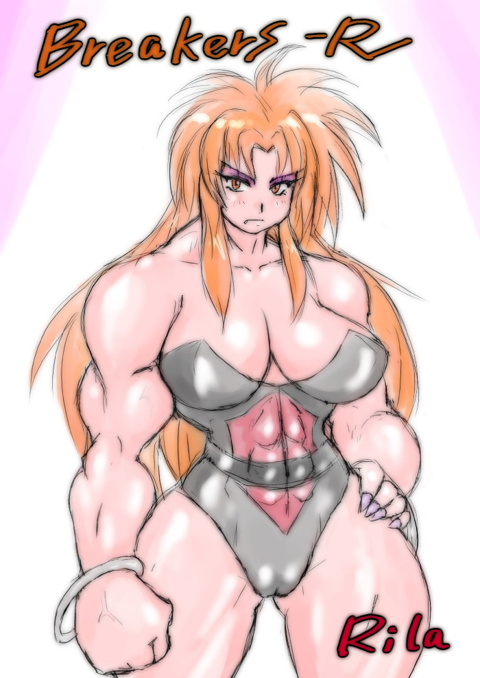 1girl, bangle, bracelet, breakers, breasts, cleavage, clenched_hand, eyeshadow, fang, fingernails, hand_on_hip, jewelry, large_breasts, leotard, long_hair, makeup, miyawoo, muscle, nail_polish, red_eyes, redhead, rila_estancia, sharp_fingernails, solo, thick_thighs, thighs