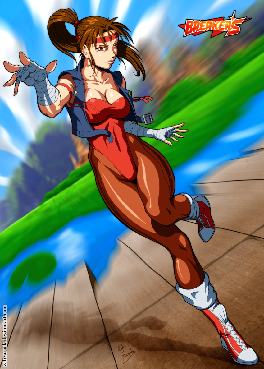1girl, absurdres, breakers, breasts, brown_eyes, brown_hair, brown_legwear, cleavage, dutch_angle, eyeliner, handwraps, headband, highres, large_breasts, leotard, long_hair, loose_socks, makeup, motion_blur, pantyhose, ponytail, shoes, sneakers, socks, socks_over_pantyhose, solo, tia_langray, vest, zabzarock
