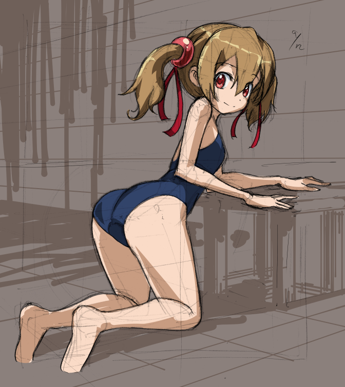 1girl, ass, bare_shoulders, brown_hair, hair_ribbon, kneeling, looking_at_viewer, looking_back