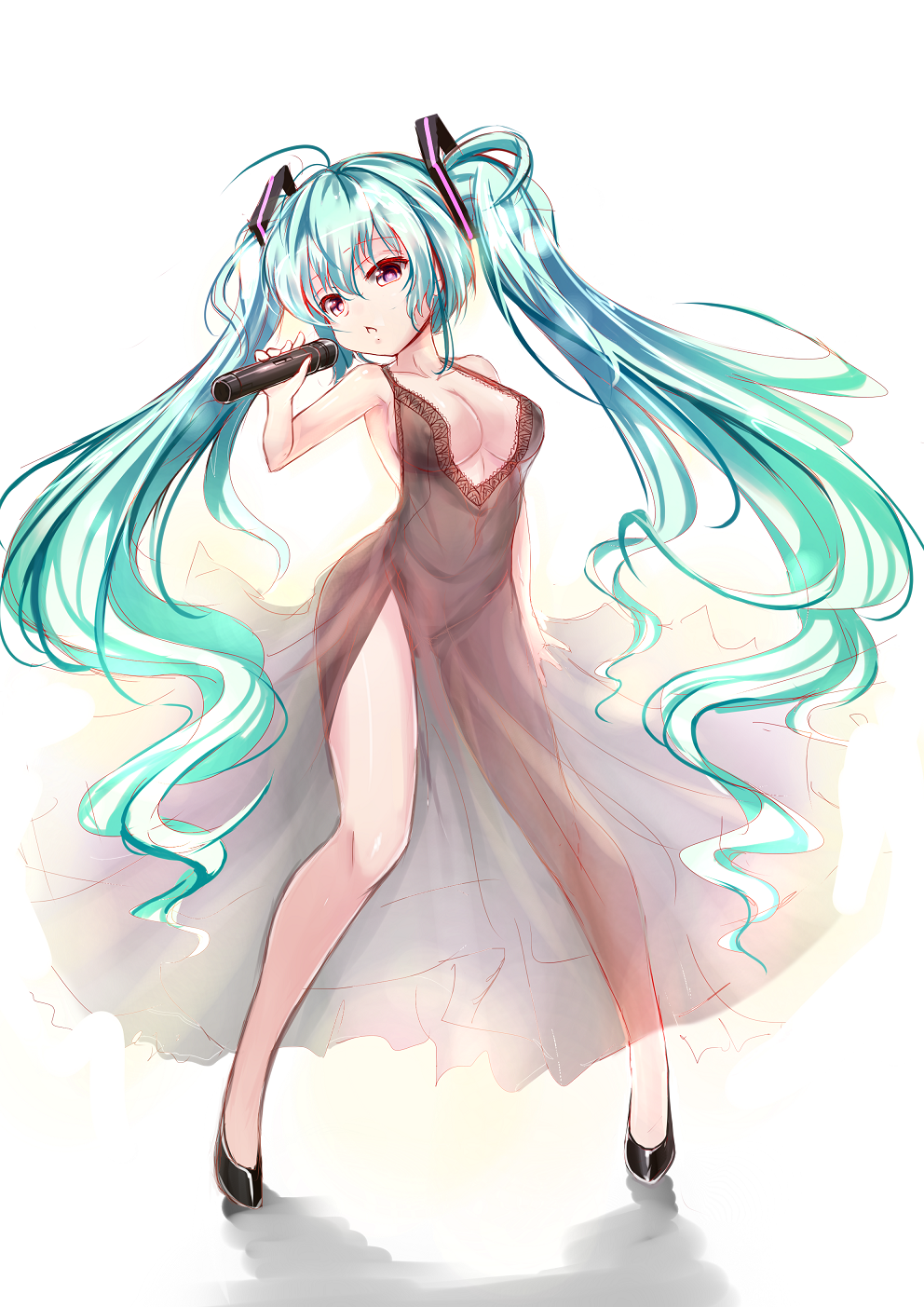1girl, alternate_eye_color, aqua_hair, bare_shoulders, black_dress, breasts, cleavage, dress
