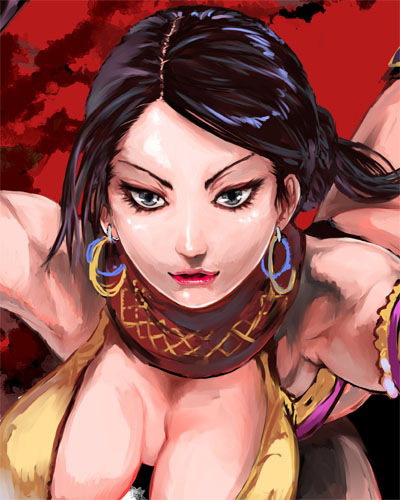 1girl, armlet, black_hair, breasts, detached_collar, earrings, eyelashes, face