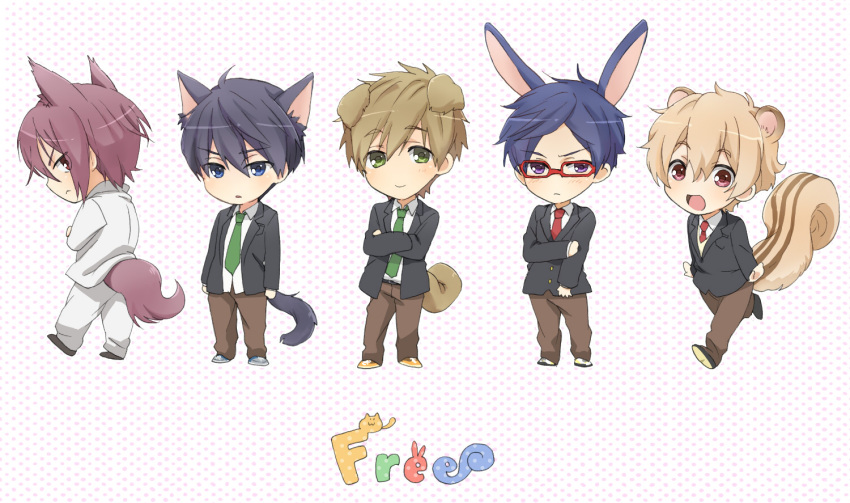 5boys, animal_ears, black_hair, blonde_hair, blue_eyes, blush, brown_hair, cat_ears