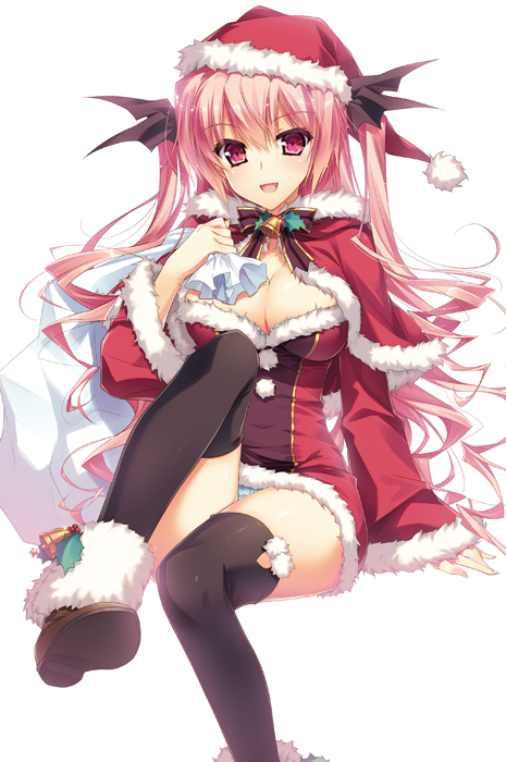 1girl, :d, bell, black_legwear, breasts, capelet, christmas, cleavage