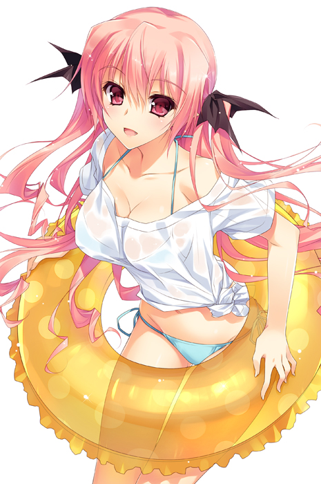 1girl, :d, aqua_bikini, bikini, fang, gin_no_cross_to_draculea, hair_ribbon, halterneck