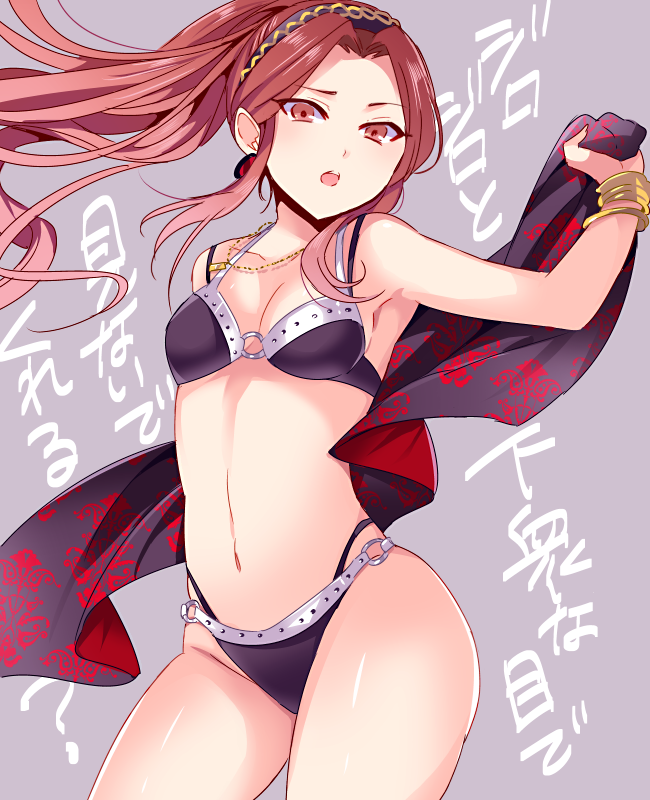 1girl, bangle, bikini, bracelet, breasts, brown_eyes, brown_hair, hairband