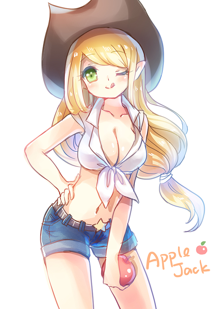 1girl, apple, applejack, bangs, belt, blonde_hair, breasts, character_name