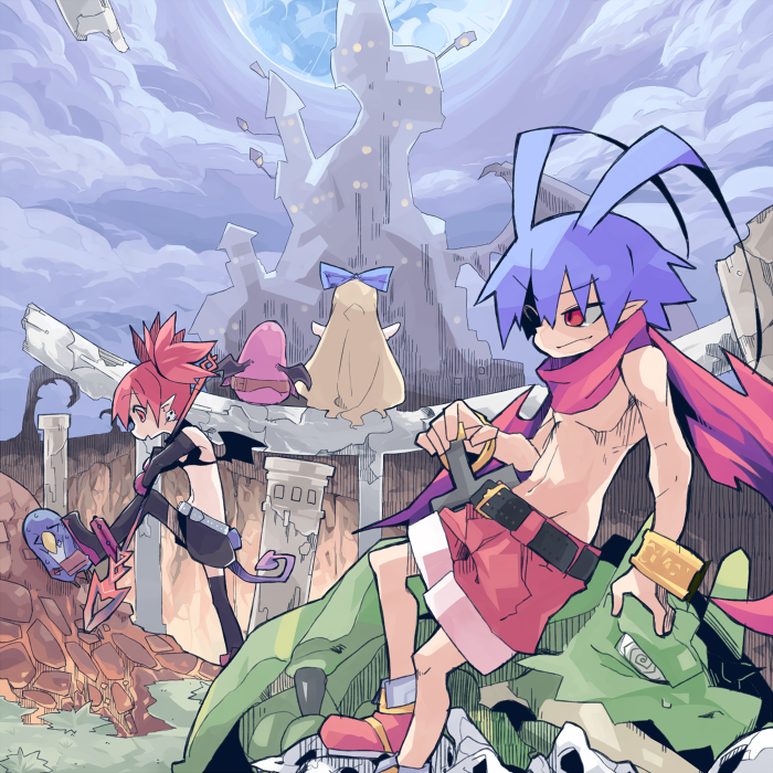 1boy, 2girls, antenna_hair, belt, black_legwear, black_skirt, blonde_hair, blue_hair, bracelet, castle, demon_girl, disgaea, dragon_(disgaea), earrings, etna, flonne, gloves, jewelry, laharl, long_hair, makai_senki_disgaea, multiple_girls, pointy_ears, polearm, prinny, red_eyes, redhead, scarf, shirtless, shoes, short_hair, shorts, sitting, skirt, spear, sutores741, thigh-highs, weapon, wings