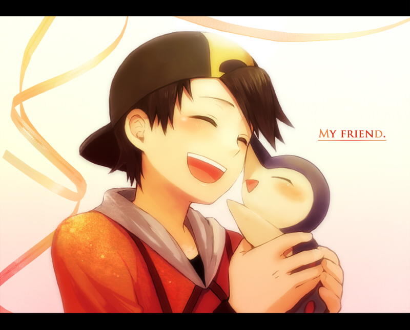 1boy, baseball_cap, black_hair, blush, closed_eyes, cyndaquil, english, gold_(pokemon)