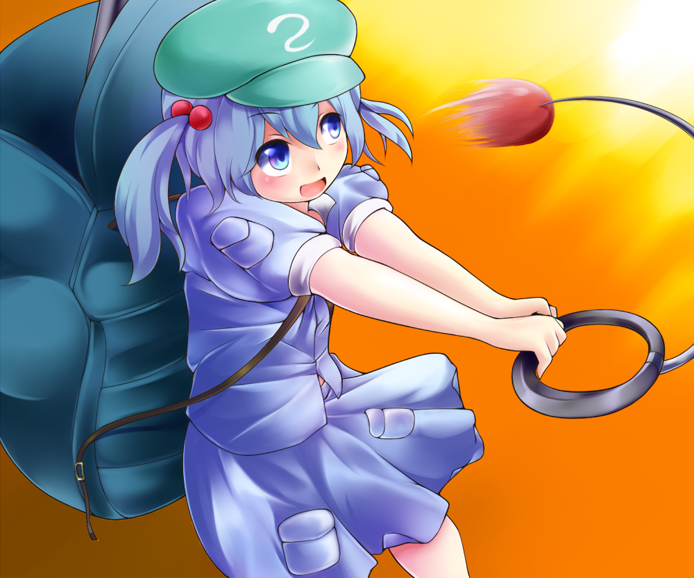 1girl, asa_(ces6ces8), backpack, bag, blue_eyes, blue_hair, blush, dress