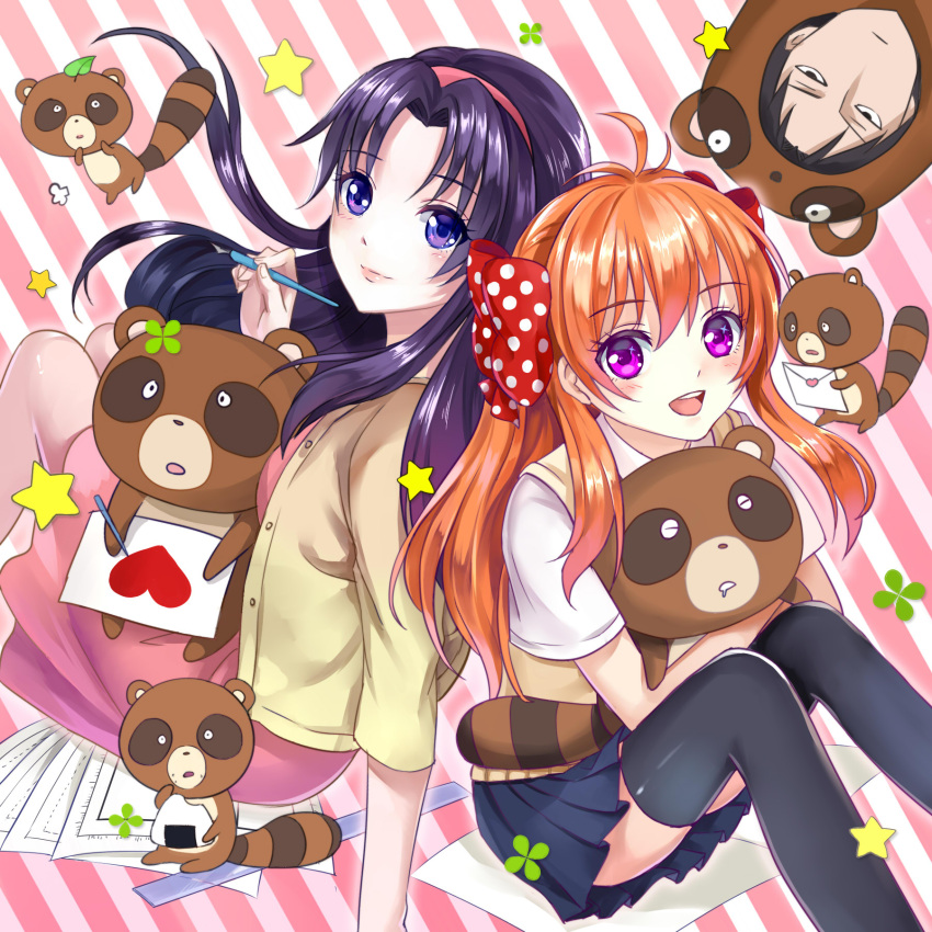 1boy, 2girls, animal_costume, black_hair, black_legwear, blush, bow, gekkan_shoujo_nozaki-kun