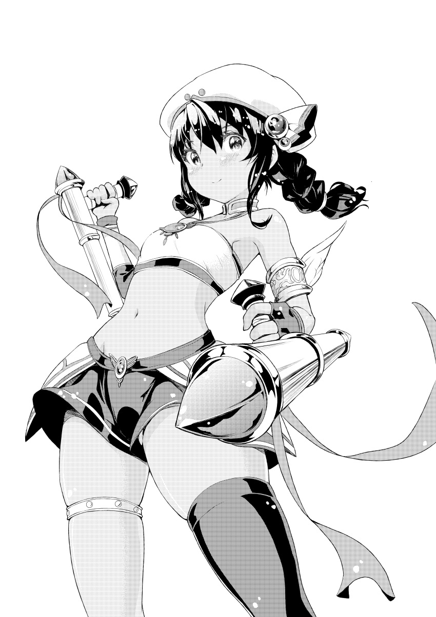 1girl, absurdres, bare_shoulders, black_hair, braid, dark_skin, flat_chest, gloves