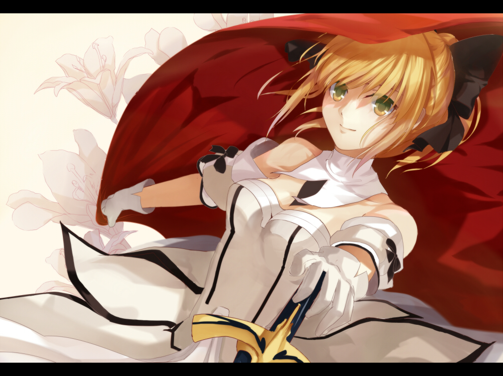 1girl, ahoge, bare_shoulders, blonde_hair, bow, caliburn, detached_sleeves, dress