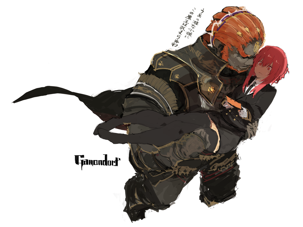 1boy, 1girl, cape, carrying, ganondorf, hms_orion_(siirakannu), necktie, nintendo_3ds