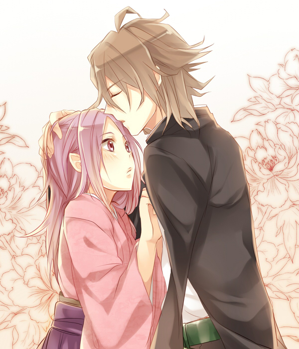 1boy, 1girl, botan_(donten_ni_warau), brown_hair, donten_ni_warau, hirari_(donten_ni_warau), long_hair, mizuki_hau, purple_hair, short_hair