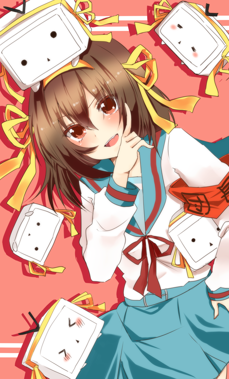1girl, brown_eyes, brown_hair, hairband, highres, punya, school_uniform, serafuku