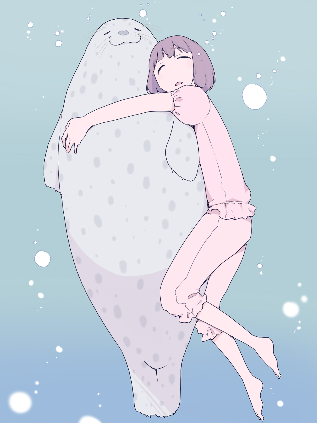1girl, animal, barefoot, closed_eyes, highres, hug, kari_(kakko_k), original, pajamas, purple_hair, seal, short_hair, spotted_seal, underwater