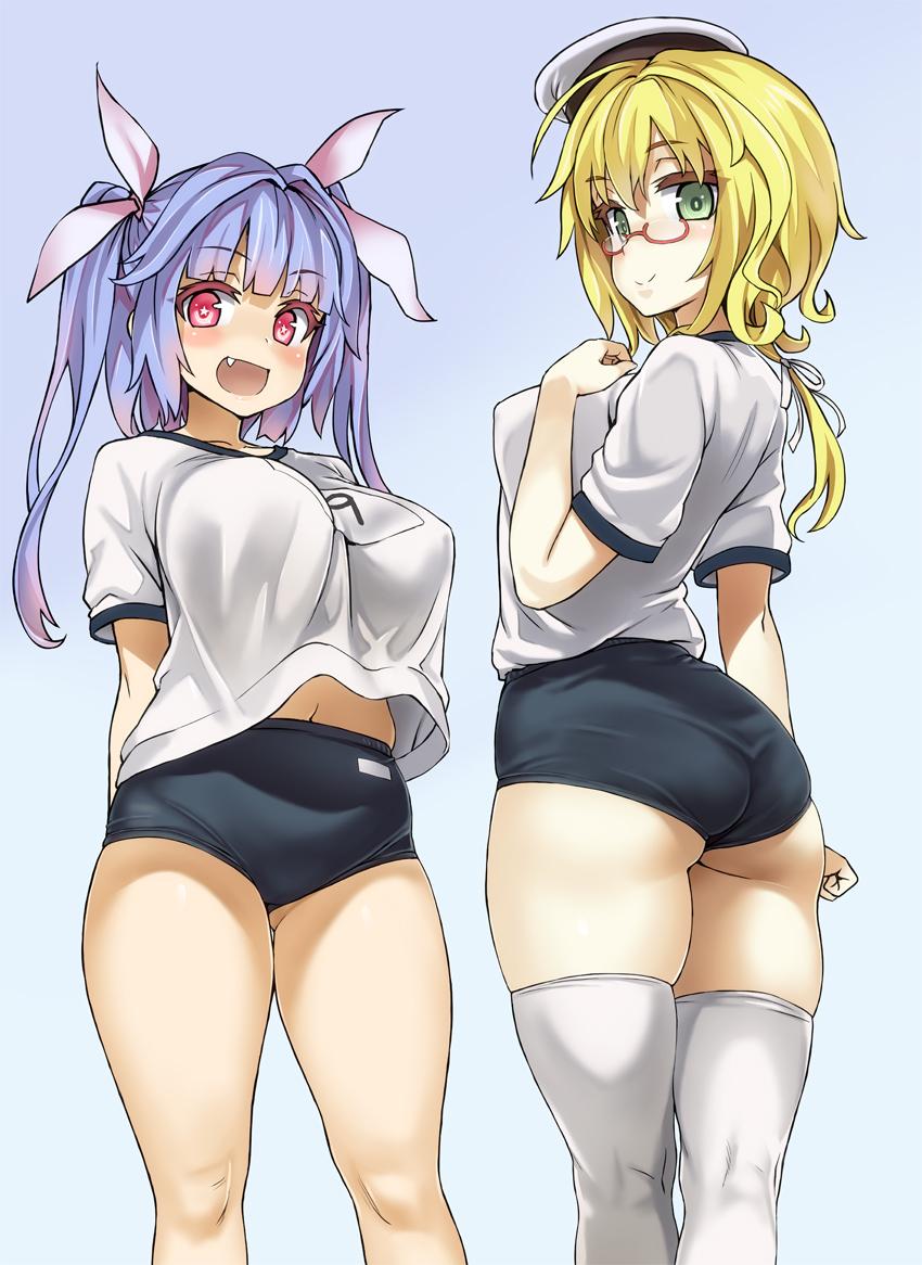 2girls, asanagi, ass, blonde_hair, blue_hair, breasts, fang, glasses
