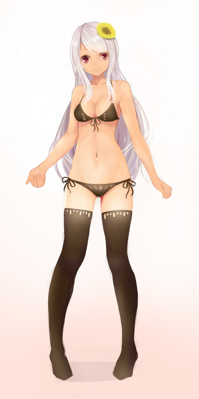 1girl, bare_shoulders, black_legwear, bra, collarbone, flower, front-tie_top, hair_flower