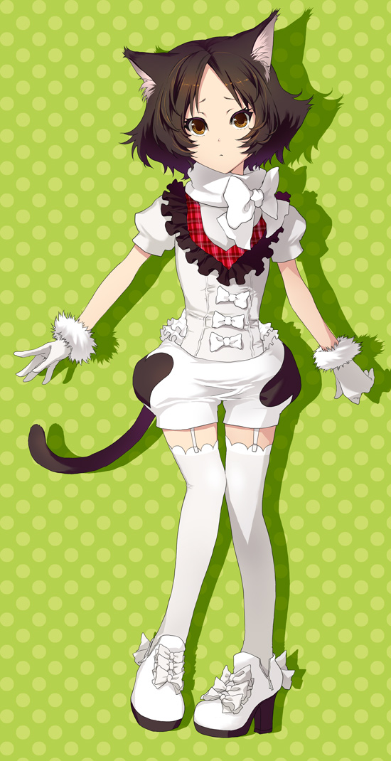 animal_ears, bad_id, black_hair, bow, brown_eyes, cat_ears, fur_trim, garters