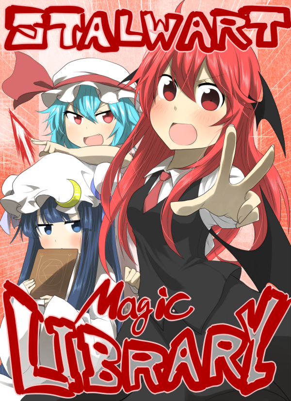 3girls, bat_wings, blue_hair, book, bow, cover, cover_page, cresento