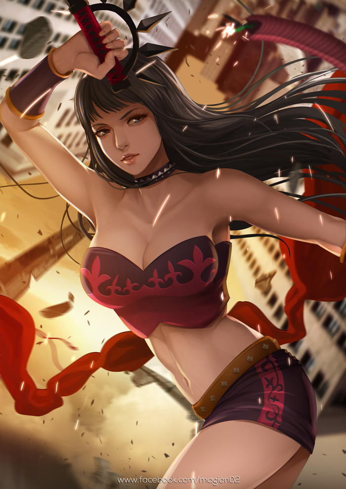 1girl, black_eyes, black_hair, breasts, cleavage, hibana, kunoichi_(game), long_hair