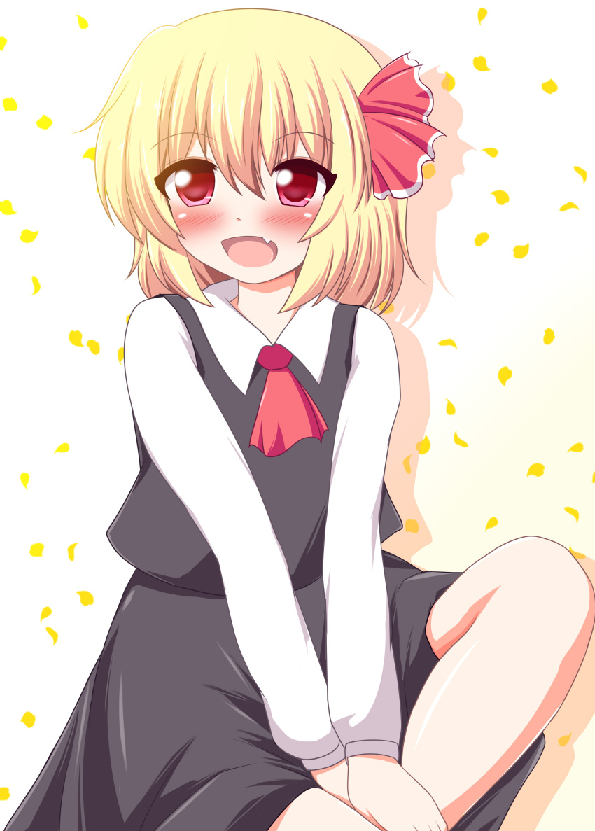 1girl, absurdres, ascot, blonde_hair, blush, bow, fang, hair_bow