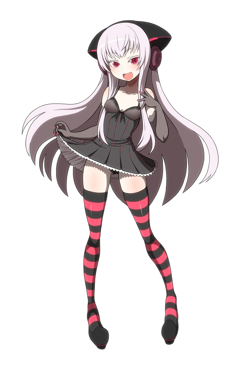 1girl, :d, bare_shoulders, black_dress, black_gloves, black_panties, blush, breasts, cleavage, collarbone, colored_eyelashes, dress, dress_lift, elbow_gloves, electro_alice, fingernails, full_body, gloves, headgear, highres, ken_(koala), lace, lace-trimmed_dress, long_hair, looking_at_viewer, nail_polish, neon_trim, open_mouth, original, pale_skin, panties, pink_eyes, pink_nails, ringed_eyes, short_dress, simple_background, skindentation, small_breasts, smile, solo, striped, striped_legwear, thigh-highs, underwear, very_long_hair, white_background, white_hair