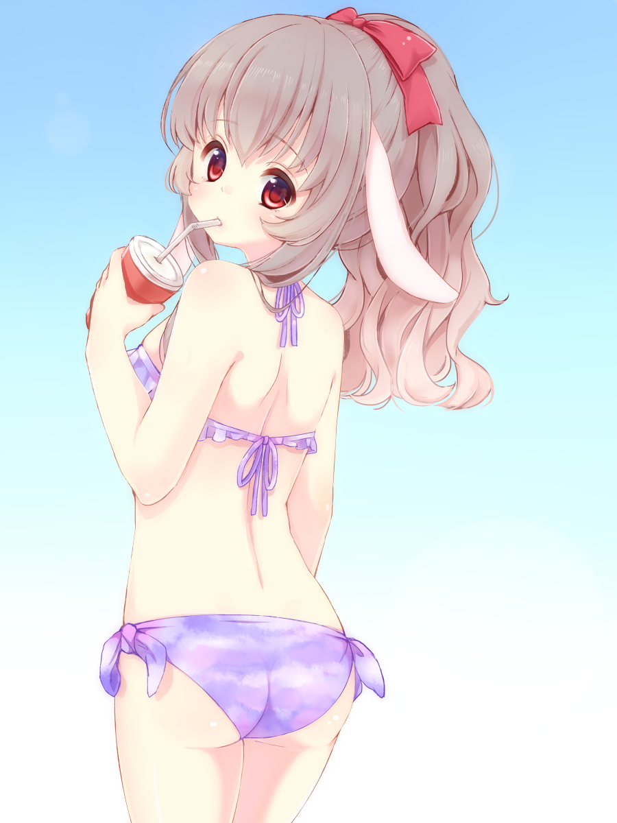 animal_ears, ass, bikini, brown_hair, drinking, from_behind, highres, long_hair