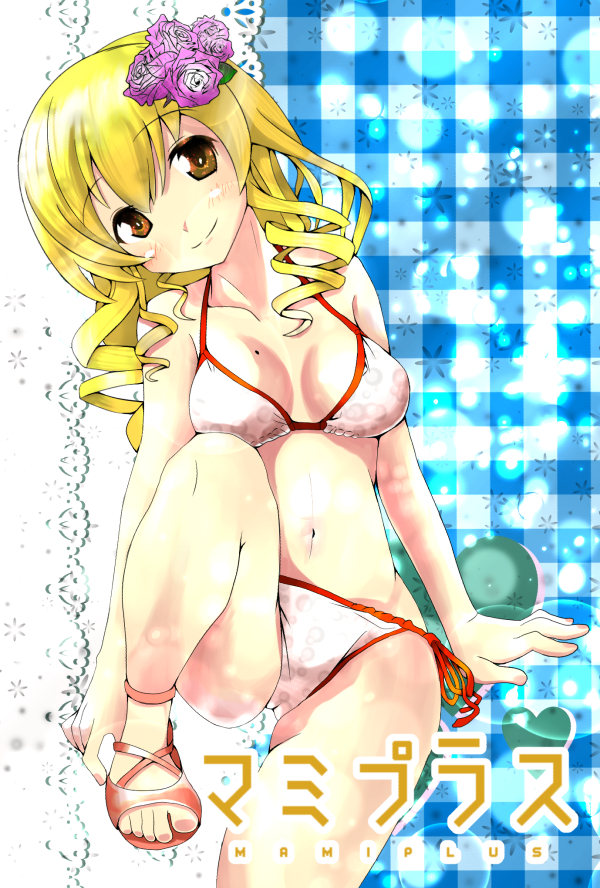 1girl, bikini, blonde_hair, brown_eyes, drill_hair, long_hair, love_plush, mahou_shoujo_madoka_magica, sandals, smile, swimsuit, title_parody, tomoe_mami, tooo88