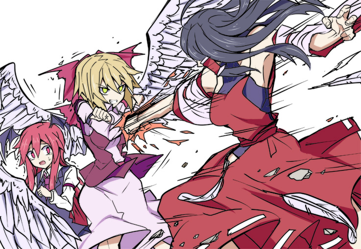 3girls, battle, black_hair, blocking, blonde_hair, character_request, feathered_wings, hair_tubes, head_wings, kenuu_(kenny), koakuma, long_hair, m.u.g.e.n, multiple_girls, original, protecting, punching, red_eyes, redhead, sendai_hakurei_no_miko, short_hair, touhou, wings