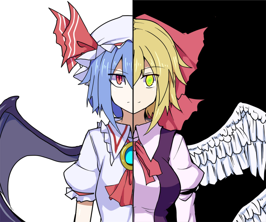 2girls, bat_wings, blue_hair, character_request, feathered_wings, hat, hat_ribbon, kenuu_(kenny)