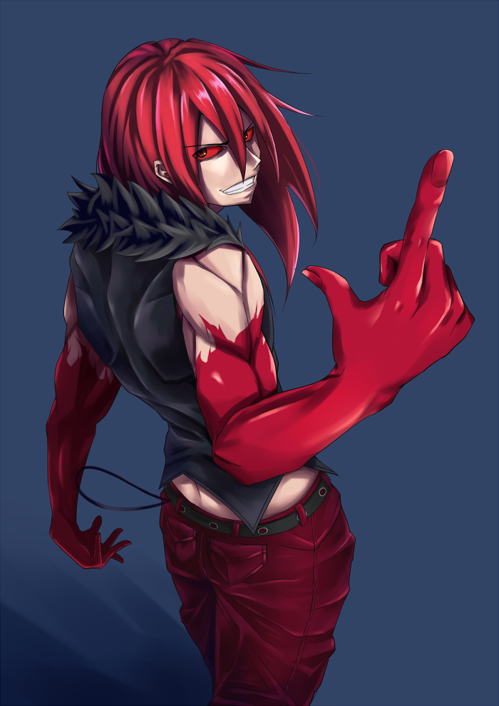 1boy, blood, carmine, evil_grin, evil_smile, fur_collar, grin, long_hair